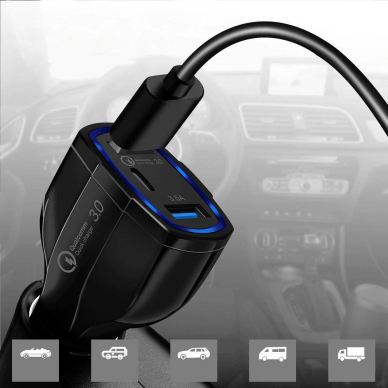 Wozinsky Universalus Automobilinis Įkroviklis 2X Usb / Usb Type C Quick Charge 3.0 Qc3.0 Juodas (Wcc-01) 2