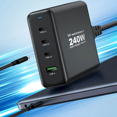 Wozinsky WGCSB 240W GaN wall Įkroviklis  USB-A / 3 x USB-C - Juodas 10