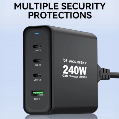 Wozinsky WGCSB 240W GaN wall Įkroviklis  USB-A / 3 x USB-C - Juodas 6