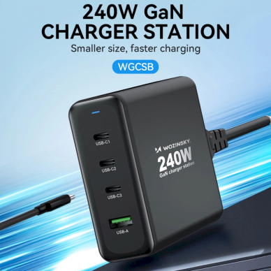 Wozinsky WGCSB 240W GaN wall Įkroviklis  USB-A / 3 x USB-C - Juodas 7