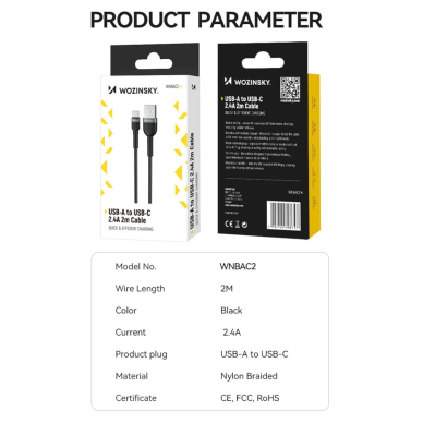 Wozinsky WNBAC1 USB-A / USB-C 2.4A Kabelis 1 m - Juodas 4