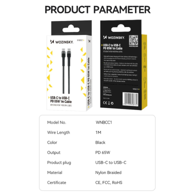 Wozinsky WNBCC1 USB-C / USB-C PD 65W Kabelis 1 m - Juodas 4