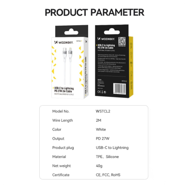 Wozinsky WSTCL1 Lightning / USB-C PD 27W Kabelis 1 m - baltas 4