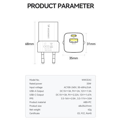 Wozinsky WWCEAC GaN USB-A USB-C 33W wall Įkroviklis  - baltas 5